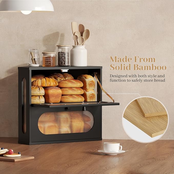 Corner Bread Box for Kitchen Countertop, 2026 New Double Layer Bamboo Bread Storage Bin, Large Bread Container for homemade bread (Black) - Image 6