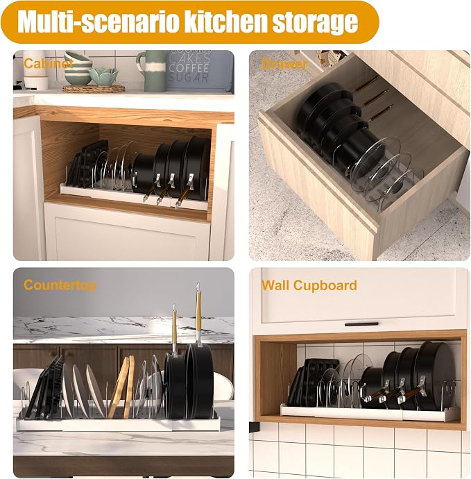 Pot and Pan Organizer 2 Pack,Expandable Lid Organizer Inside Cabinet | Easy to Install, Each Rack Contains 10 Frames, Easy to Clean, 304 Stainless Steel, High-Strength PP Plastic, White - Image 6