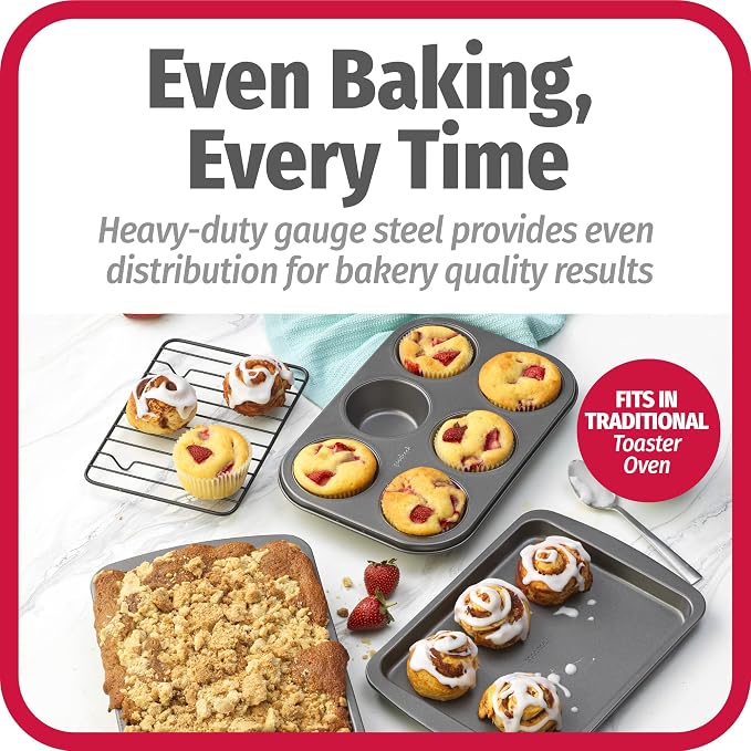 GoodCook 4-Piece Nonstick Steel Toaster Oven Set with Sheet Pan, Rack, Cake Pan, and Muffin Pan, Gray, 4-Piece Set Distributes Heat Evenly, Nonstick Coating, Dishwasher-Safe - Image 3