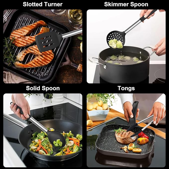 E-far Mixing Bowls with Lids Set of 3 with Silicone Cooking Utensils Set of 7, Nesting Bowls for Baking Cooking and Prepping, Heat Resistant Kitchen Utensils with Stainless Steel Handle - Image 7