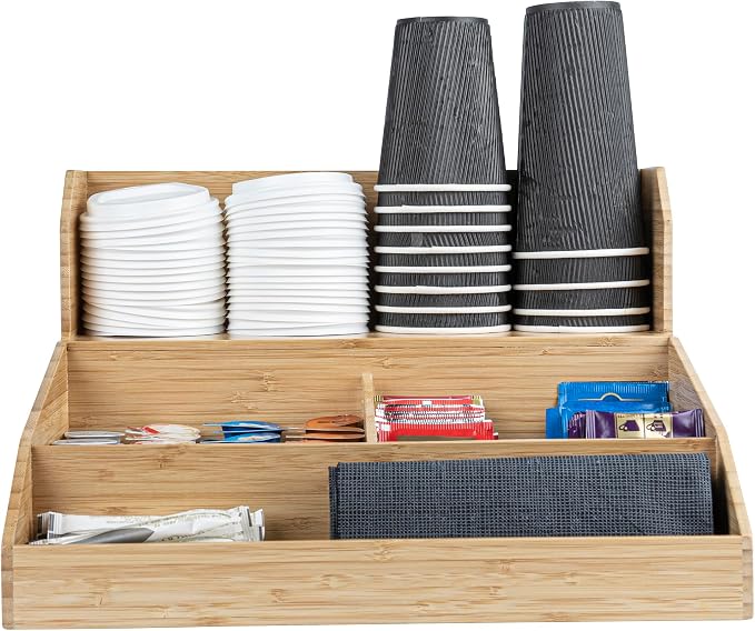 Restaurantware Coffee Cup Organizer 15 x 14.25 x 9.25 Inch Multipurpose Bamboo Condiment Holder Brown Countertop Cup and Lid Organizer for Coffee Shops and Office Break Rooms - Image 10