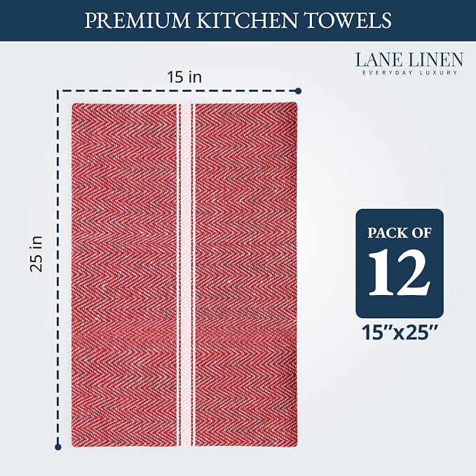 LANE LINEN Kitchen Towels Set - 100% Pure Cotton Dish Towels for Kitchen, Super Absorbent Kitchen Hand Towel, Tea Towels, Soft & Durable Dish Cloths, Pack of 12 – 14”x25”, Red - Image 2