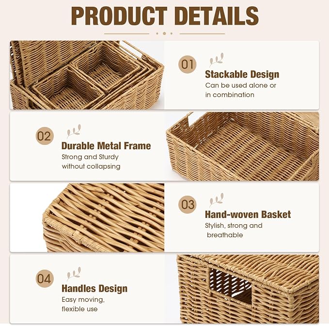 Yookeer 5 Pcs Woven Plastic Rattan Storage Baskets with Lid and Handles, Natural Color Large Storage Organizer with Labels, Stackable Rectangular Boho Decorative Baskets for Toys Shelves Bedroom - Image 4