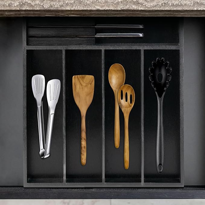 VaeFae Bamboo Silverware Drawer Organizer, 5 Slots, Black | Kitchen Utensil Organizer, Removable Knife Block, Cutlery Tray with Divider, Fork and Spoon Holder - Image 5
