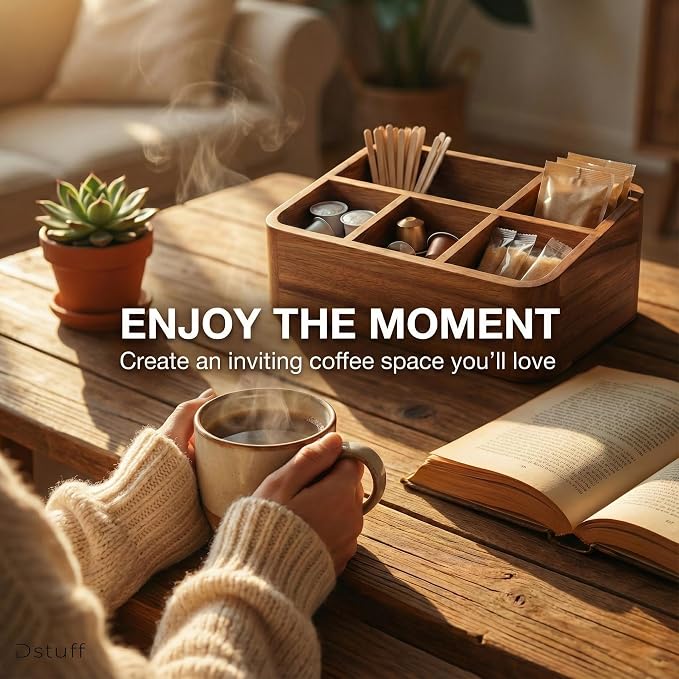 Dstuff Acacia Wood Coffee Station Organizer for Countertop, Tea Organizer and Holder, Coffee Bar Caddy with Multiple Compartments for Home and Office Decor - Image 7