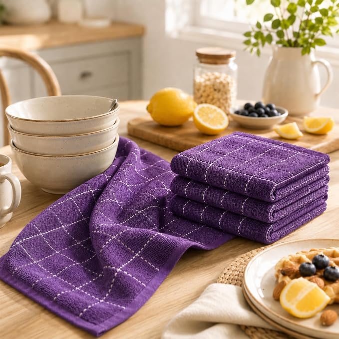 Kitinjoy 100% Cotton Terry Kitchen Towels, 13”x 28”, 8-Pack, Purple | Checkered Designed, Ultra Soft Absorbent Quick Drying Dish Towels - Image 3