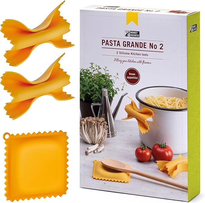Monkey Business Pasta Shaped Silicone Kitchen Tools in a Gift Box / 2 of Our Big Pasta Shaped Kitchen Gadgets/Farfalloni Shaped Pot Grips, and Ravioli-Shaped Spoon Rest/Pasta Grande No. 2 by MonkeyBusinessDesign