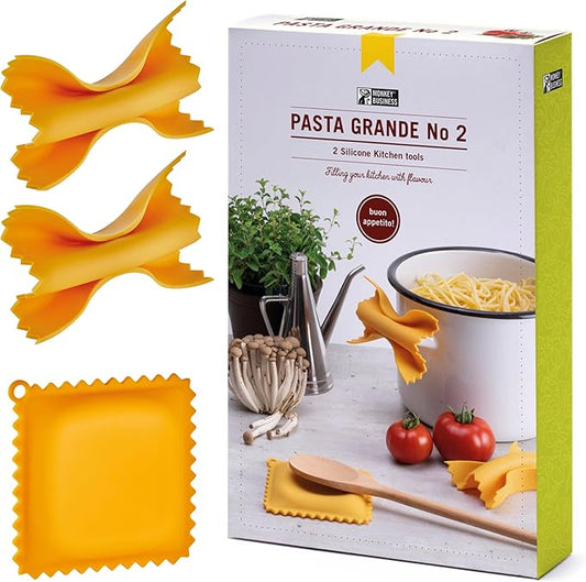 Monkey Business Pasta Shaped Silicone Kitchen Tools in a Gift Box / 2 of Our Big Pasta Shaped Kitchen Gadgets/Farfalloni Shaped Pot Grips, and Ravioli-Shaped Spoon Rest/Pasta Grande No. 2 by MonkeyBusinessDesign