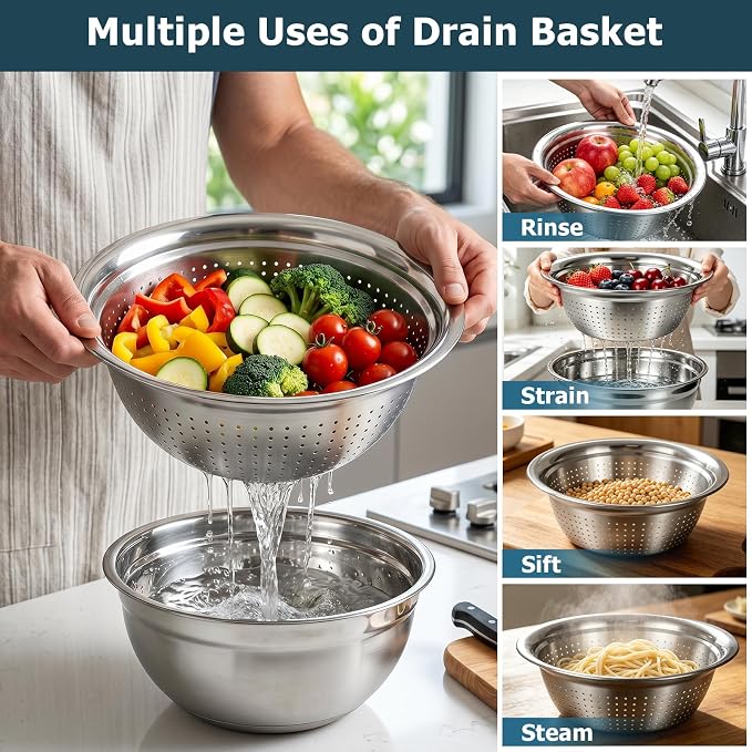 Stainless Steel Mixing Bowls with Airtight Lids,Non-Slip Nesting Bowls Set | 6.3,4.3,3.6,2.9QT,14Pcs Metal Bowl with Mixer Hole,Silicone Bottom,Grater Attachments and Kitchen Gadgets,for mixing,serving - Image 5