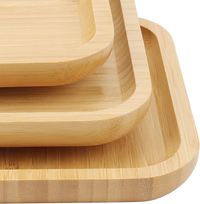 JOIKIT 3 Pack 10 Inch Bamboo Platter, Fine Polished Sqaure Wood Plates Bamboo Serving Tray for Holding Fruit, Bread, Cheese, Nut, Coffee, Tea, Plant Saucer - Image 4