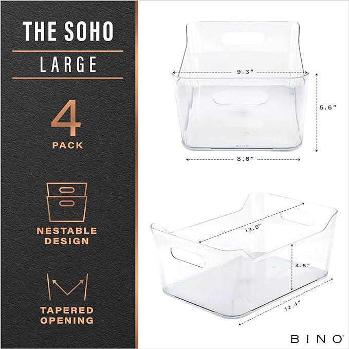 BINO | Plastic Organizer Bins, Large - 4 Pack | THE SOHO COLLECTION | Multi-Use Organizer Bins | Pantry Organizer & Freezer Organizer Bins | Plastic Storage Containers | Bins for Home & Kitchen Org - Image 2