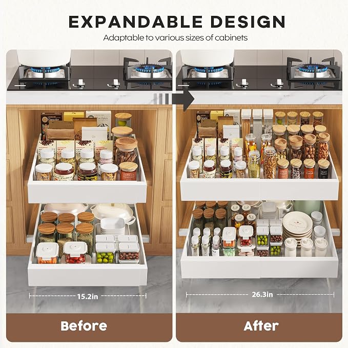 Seinloes 4 Pack Pull Out Cabinet Organizers 21" Deep With Raising Pad for Framed Cabinets, Expandable Width (15.2"-26.3") Slide Out Drawers Upgrade 3 Slide Rails, Roll Out Shelves Adhesive, White - Image 3