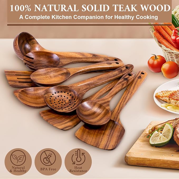 9 Pcs Teak Wooden Utensils Set, Wooden Cooking Utensil | Non-Toxic & Nonstick Safe Kitchen Utensil, Durable Comfort Grip， Heat Resistant Wood Cookware with Hooks - Image 6