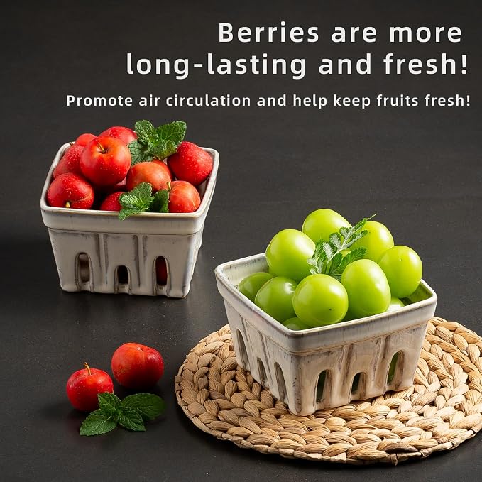 Ceramic Berry Basket, 4.2" Colander Set of 2 with Holes | Drainage holes help excess water flow away after washing berries, grapes, cherries, tomatoes, and fresh fruit - Image 6