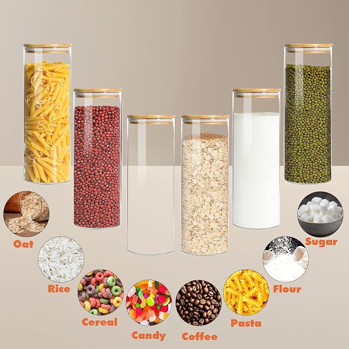 Glass Storage Containers with Airtight Bamboo Lids,Round Glass Jars Pantry Organizers,Perfect for Kitchen Organization - Flour, Rice, Pasta, Sugar, Coffee Beans, Accessories Included (43oz*6) - Image 3