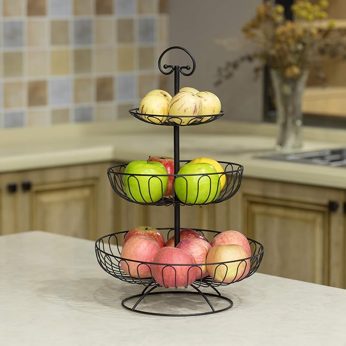 3 Tier Fruit Basket Stand for Kitchen Counter - Black Wire Metal Produce Organizer, Vegetable Storage Bin, Snack Holder, Onion Potato Holder, Pantry Wire Baskets, 12 x 12 x 18.25 Inch - Image 3