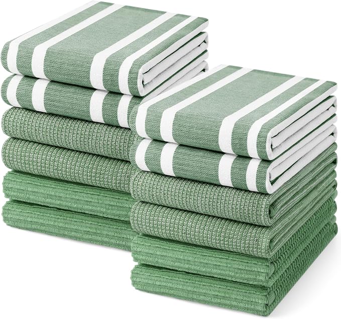 Homaxy Cotton 380 GSM Premium Kitchen Towels, 18"x28", 12 Pack, GrassGreen | Soft and Absorbent Terry Dish Towels, Multipurpose Tea Towel Set with Hanging Loop, 3 Styles Kitchen Hand Towels by Homaxy