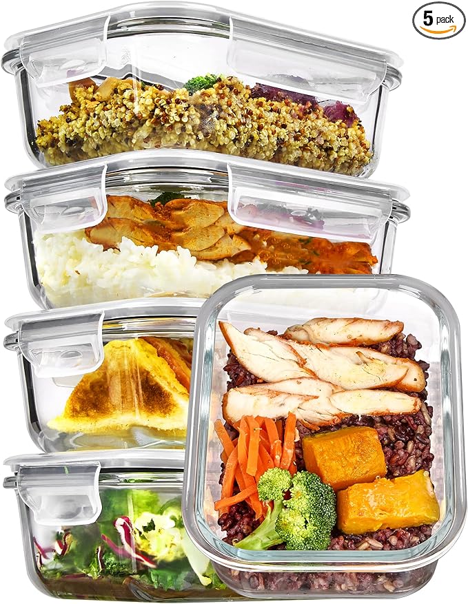 Vtopmart 5Pack 22oz Glass Storage Containers with Lids, Grey | Glass Meal Prep Food Container Sets, Snap Airtight Lid, For Microwave, Oven, Freezer and Dishwasher, BPA Free by Vtopmart