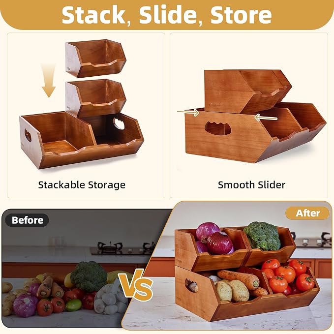 HYPIGO Wood Pantry Storage Baskets, Stackable Large Capacity Potato and Onion Storage Bins, Kitchen Pantry Organizers for Vegetables, Bread, Spices (Set of 3) - Image 3