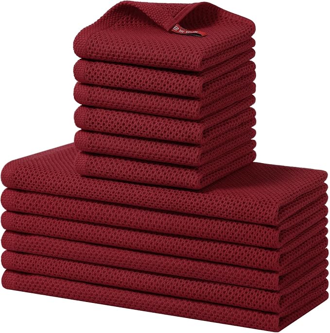 Homaxy 12 Pack 100% Cotton Kitchen Towels and Dishcloths Set, Burgundy | 12 x 12 Inches and 13 x 28 Inches Kitchen Towels Set, Ultra Soft Absorbent Dish Cloths for Washing Dishes by Homaxy