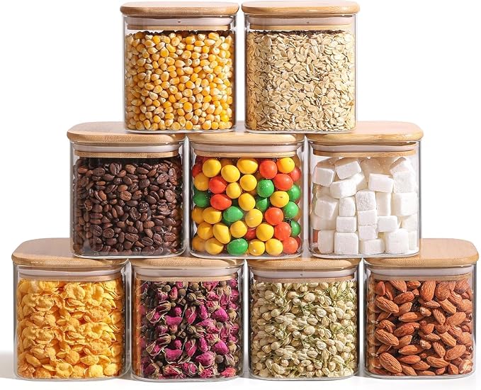 ComSaf Square Glass Containers with Lids 0.7 Qt, Set of 9 Small Galss Jars | Small Kitchen Canisters, Spice Jar, Pantry Organizers, Family Snack Station, Size For Subpackage, BPA Free, Cookie, Dry Food by ComSaf