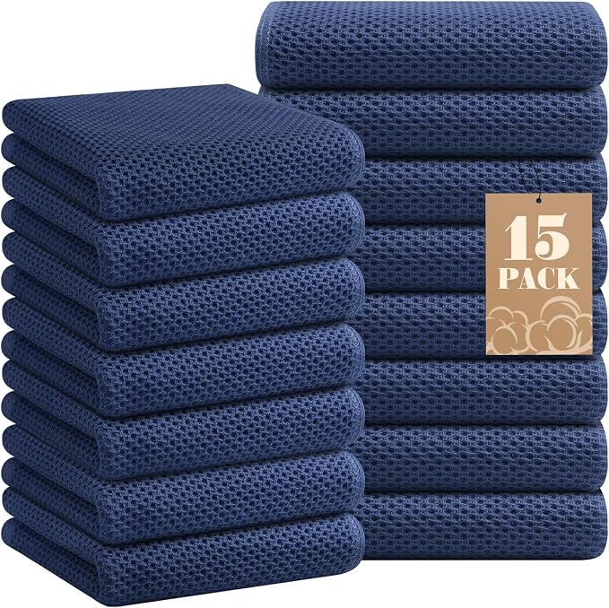 Homaxy 100% Cotton Waffle Weave Kitchen Towels, 15-Pack, Navy Blue | Ultra Soft Absorbent Dish Towels, Quick Drying Cleaning Towels, 13 x 28 Inches by Homaxy
