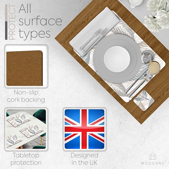 Set of 4 Heat Resistant Cork Placemats for Dining Table with Free Set of 4 Matching Drink Coasters Marble Design 16 x 12 Inches Cork Backed Hard Placemats (Farmhouse Rustic Leaves) - Image 5