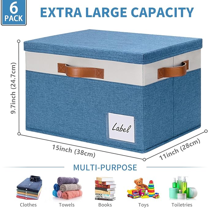 GhvyenntteS Fabric Storage Bins with Lid 6 Pack, Large Decorative Storage Boxes with Lids and Handles, Foldable Fabric Storage Baskets with Lid and Label for Home Office (Blue, 15" x 11" x 9.7") - Image 3