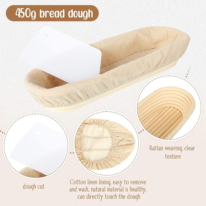 4 Pieces 13.8 Inch Banneton Bread Proofing Basket Oval Long Bread Proofing Basket Banneton Basket Dough Proofing Basket with Liners and Scatters for Home Sourdough Bread Baking - Image 2