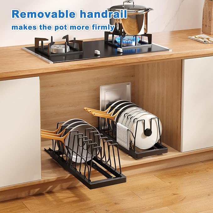 Mustorn 2 Pack Pots and Pans Organizer Under Cabinet, 21.6" Deep Pull Out Pot Lid Organizer Holder with Guardrail Adhesive Pot and Pan Holder Rack with 10 Adjustable Dividers(Black) - Image 7