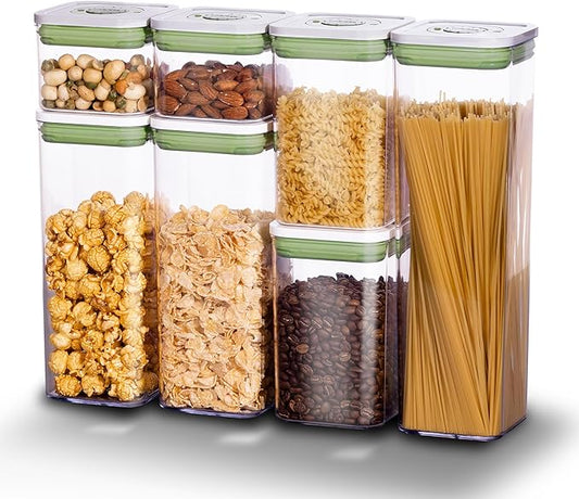 Pop Airtight Food Storage Containers with Date Recording Lids, Stackable Plastic Storage Containers Set of 7, Dry Cereal Container Set for Pantry Countertop Fridge Organization by Linoroso