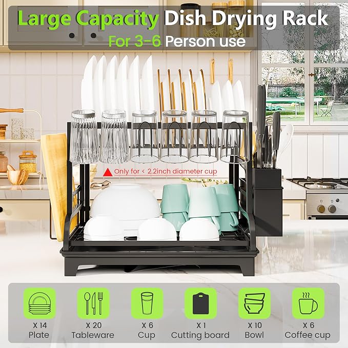 2-Tier Foldable Dish Drying Rack with Drainboard, Stainless Steel Large Capacity Kitchen Counter Organizer with Cup Holder, Utensil & Cutting Board Storage, No Assembly Required, Black - Image 4