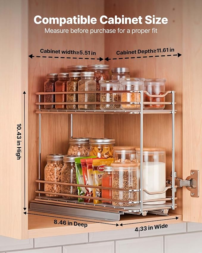 VEVOR Pull Out Spice Rack Organizer for Cabinet, 2 Tier Slide Out Spice Rack Organizer, Heavy Duty Metal Seasoning Kitchen Basket for Inside Cabinets & Pantry Closet, 4.33"W x 8.46"D x 10.43"H, Silver - Image 2