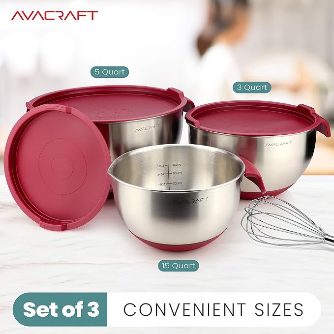 AVACRAFT 18/10 Stainless Steel Mixing Bowls with Lids, non slip silicone base bowls with Handle, Mixing Bowl Set with Pour Spouts & Measurement Marks, Home Essentials Cooking Bowls, (Red) - Image 2