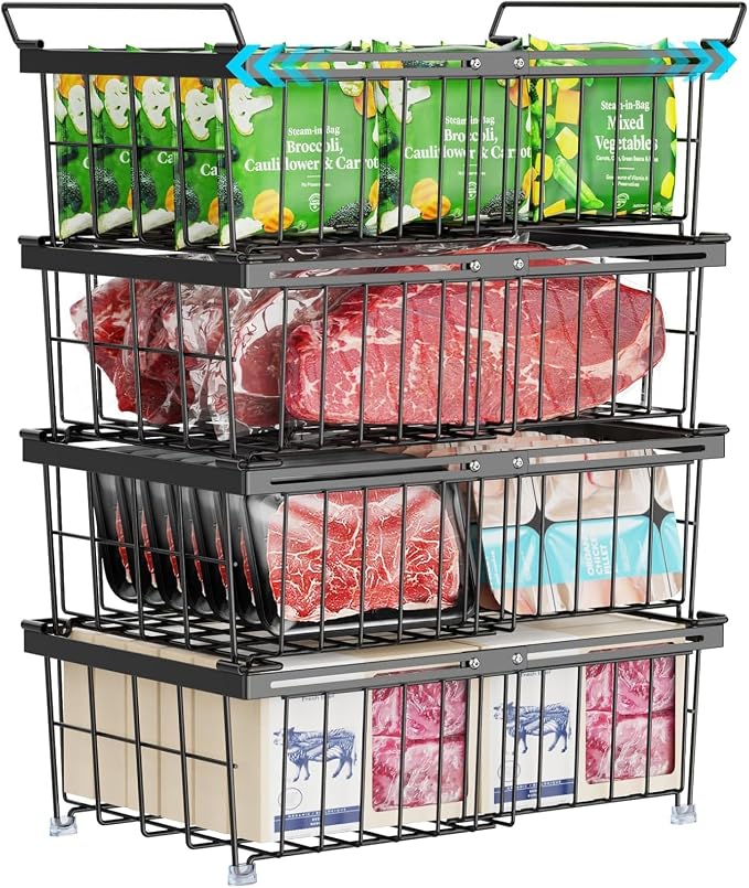 Deep Freezer Organizer Bins - Stackable Freezer Organizer Bins | 4 Pack For 10 to 20 Cu. Ft Chest Freezers, Wire Baskets for Frozen Food, Easy Food Access and Restocking, Black by iSPECLE
