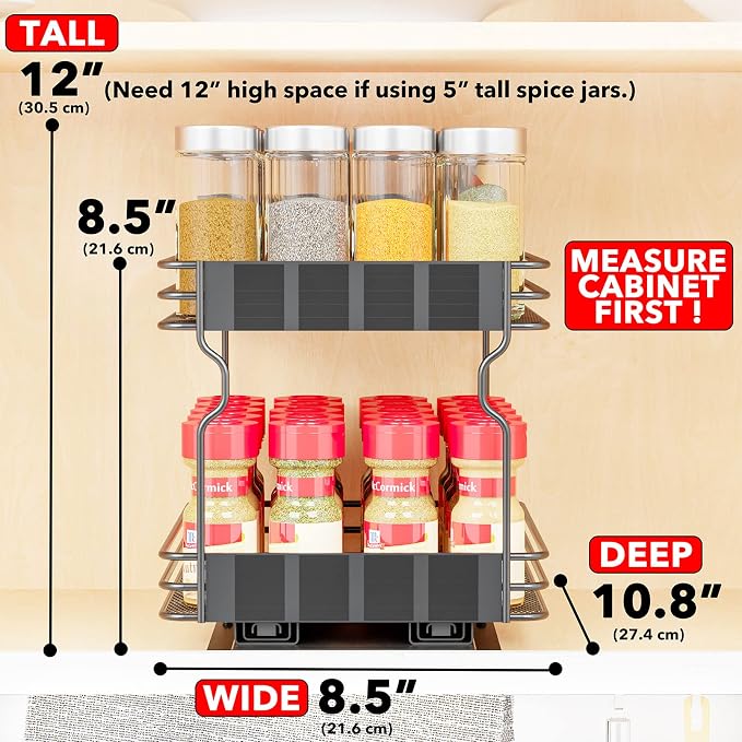 SpaceAid Pull Out Spice Rack Organizer for Cabinet, Heavy Duty Slide Out Seasoning Kitchen Organizer, Cabinet Organizer, with Labels, 8.5" W x10.75 D x8.5 H, 1 Drawer 2-Tier - Image 2