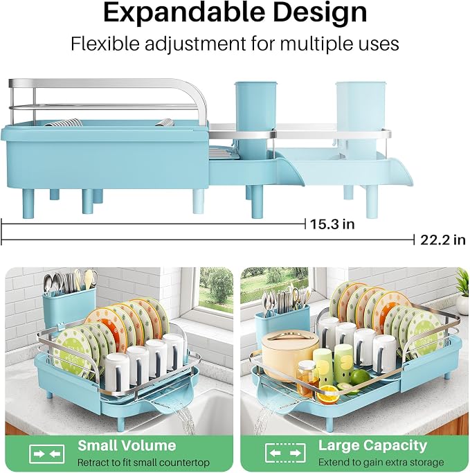 SAYZH Expandable Dish Drying Rack for Small Kitchen Counter, Blue | Stainless Steel, Protective Guardrail, Angled Drainboard, Fits High-Rim Sinks, Removable Utensil Holder - Image 3