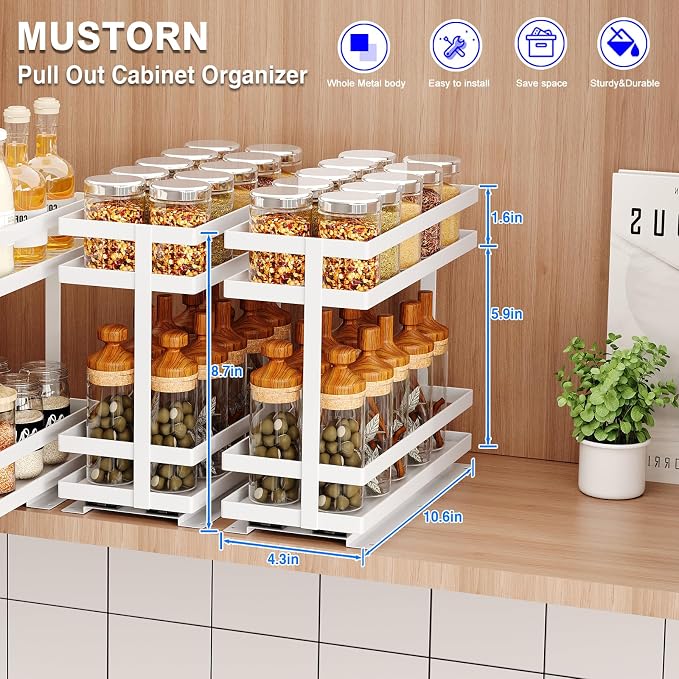 Mustorn Pull Out Spice Rack Organizer for Cabinet, 2 Tier Metal Slide Out Seasoning Organizer and Storage Heavy Duty Vertical Spice Rack Shelf Pullout for Kitchen Cabinets No Drilling(1 Pack, White) - Image 2