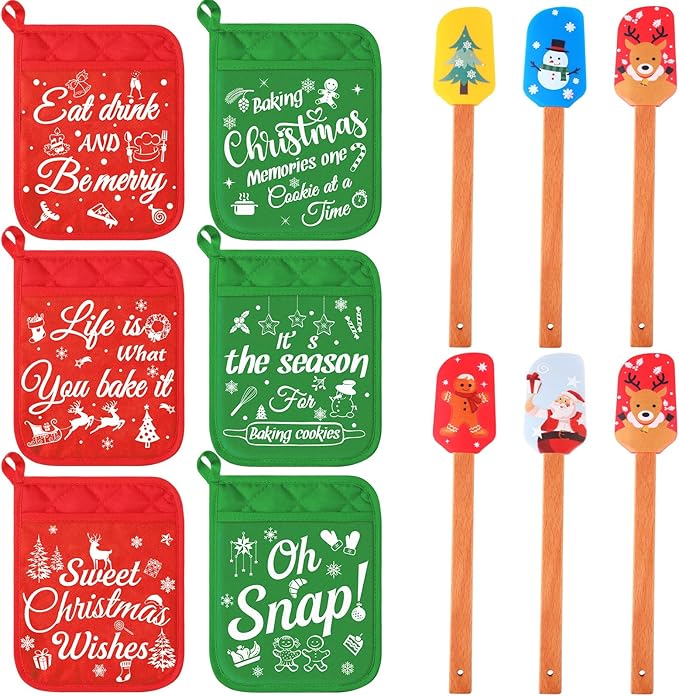 Yaomiao 12 Pcs Christmas Pot Holders with Silicone Spatula Set Wooden Handles Pot Holders for Christmas Kitchen Utensils xmas Baking Gifts for Neighbor Cooking Essentials (Classic) by Yaomiao