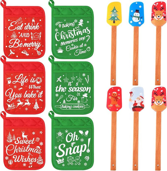 Yaomiao 12 Pcs Christmas Pot Holders with Silicone Spatula Set Wooden Handles Pot Holders for Christmas Kitchen Utensils xmas Baking Gifts for Neighbor Cooking Essentials (Classic) by Yaomiao