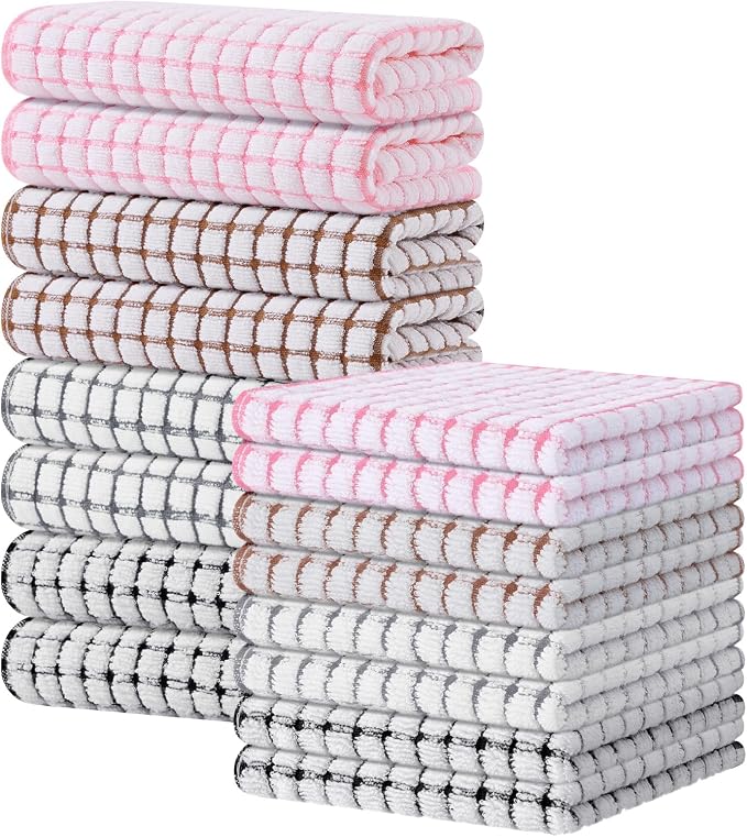 Kitinjoy Cotton 16 Pack Kitchen Towels and Dishcloths Sets, Mix Color | 16 x 25 Inch & 12 X 12 Inch Dish Towels Bulk, Super Soft and Absorbent hand towels for kitchen Drying by Kitinjoy