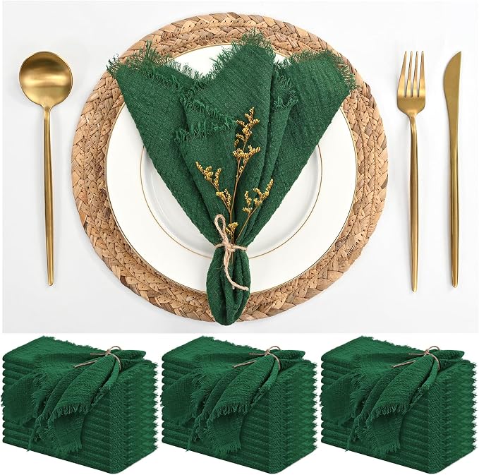 36 Pack Green Cloth Napkins Cotton Linen Napkin 16 x 16 Inch Green Napkins Cloth Handmade with Fringe Soft Washable Rustic Dinner Napkin Cloths for Wedding Party Dinner Table by ABKLESACH