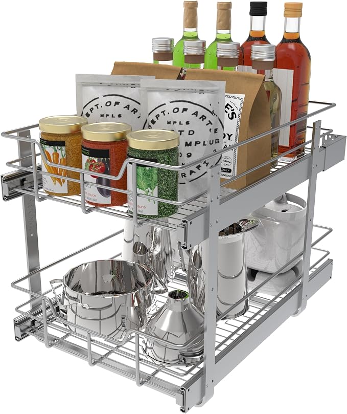2 Tier Pull Out Cabinet Organizer 15" W X 22" D, Chromed, Full Slide Out | For Kitchen Organizers and Storage, Pull Out Drawers For Cabinets Capacity Heavy Duty Caddy, Cabinet Shelves, Bathroom Pantry - Image 7