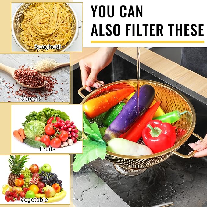 Norme 5 Quart Stainless Steel Gold Colander and 3 Pcs Gold Fine Mesh Strainer, Stainless Steel Pasta Rice Food Metal Strainer with Handles, Easy Clean and Dishwasher Safe - Image 5