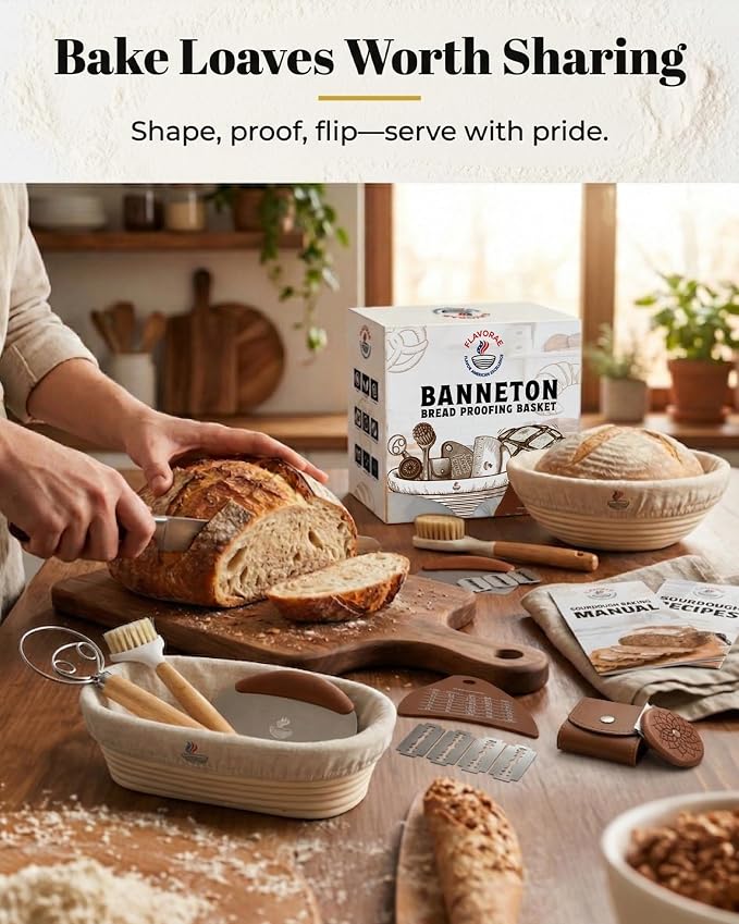 Banneton Bread Proofing Basket with Liners - Natural Rattan Dough Riser & Sourdough Starter Kit, Artisan Bread Loaves, Homemade Bread Making - 9” Round & 10" Oval Basket - 2 Pack - Image 5