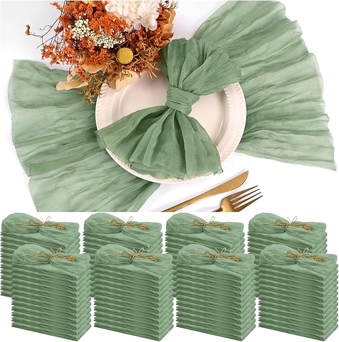 100 Pieces Cloth Napkins Sage Green Dinner Cheesecloth Napkins for Wedding,Wrinkled Cloth Napkins Bulk for Home Party Rustic Table Decoration, 17 x 17 Inch by Teruntrue