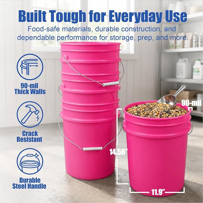 5 Gallon Bucket - Food Grade Bucket with Airtight Gasketed Tear Strip Lid, BPA-Free, Heavy-Duty 90 Mil HDPE Plastic Pail, Bulk Storage, Durable Container, Made in USA - Pink, 6 Packs | Airtight Gasketed Tear Strip Lid, Heavy-Duty 90 Mil HDPE Plastic Pa... - Image 4