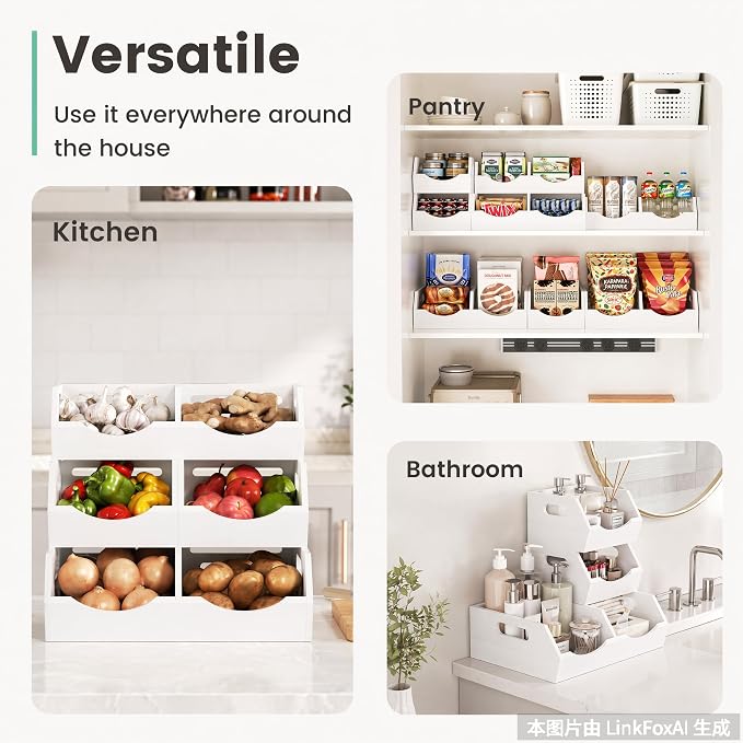 Potato and Onion Storage Bin, 3 Tier Bamboo Kitchen Storage Rack, Stackable Ventilated Pantry Organizer with Handles for Garlic Peppers Vegetables, Countertop Produce Bins, White(Assembly Required) - Image 4