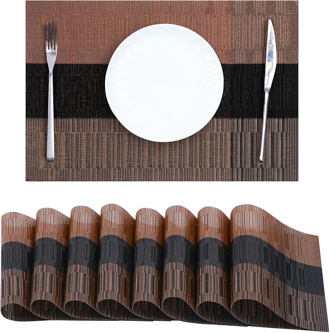 Leetaltree Brown with Black Striped Placemats Set of 8 - Heat Resistant Non-Slip Place mats for Dining Table, Washable Durable PVC Vinyl Woven Table Mats（Brown Stripe, 8） by Leetaltree-ArtatEveryTable