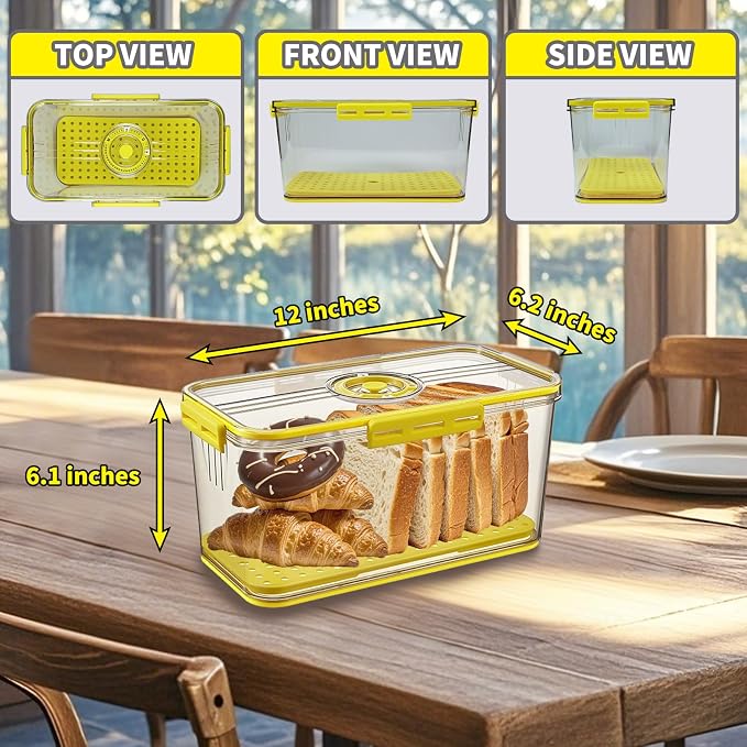 Airtight Bread Box for Kitchen Countertop, Yellow, 2 PCS | Time Recording Dial, Multi-Use Food Storage, Container with Lid, Draining Tray, For Homemade Bread, Sourdough, Toast, Cookies - Image 2